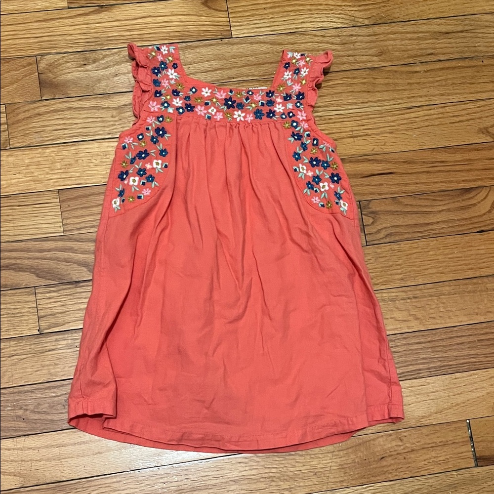 Mini Boden Toddler Coral Sleeveless Dress with Floral Embroidery